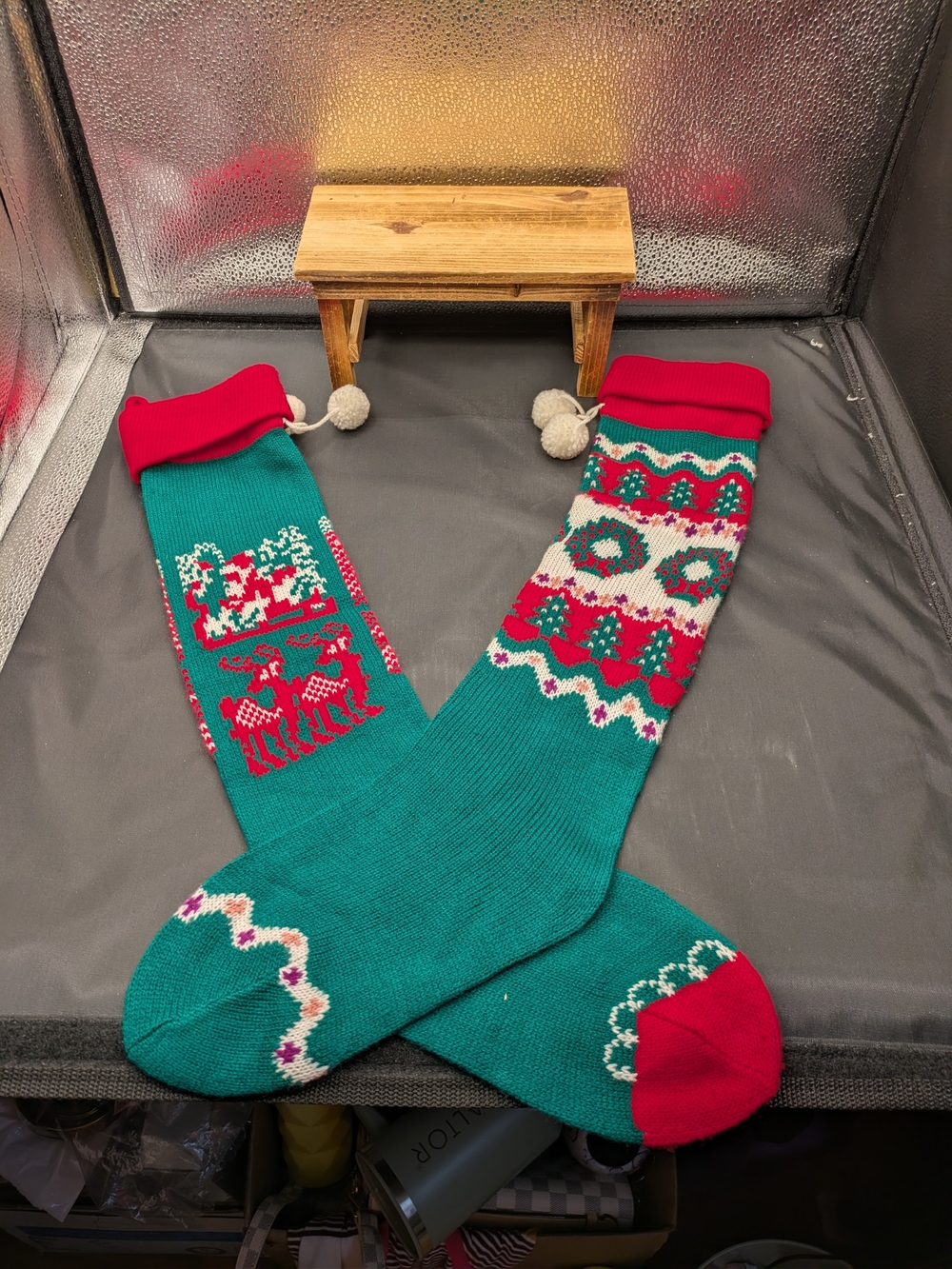 Festive Green and Red Holiday Stockings Reindeer & Wreaths